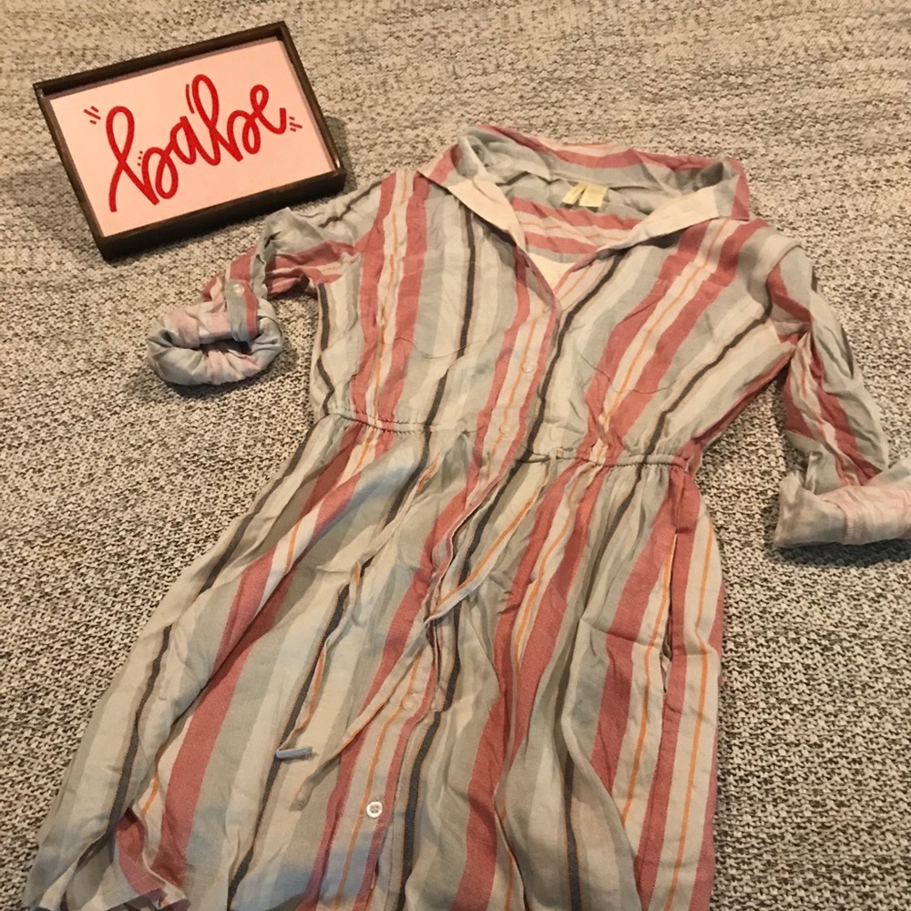 Striped Button Up Shirt Dress Drawstring Waist
